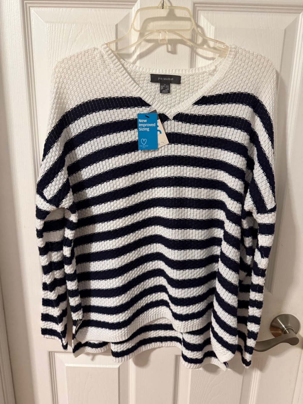 NWT Primark White and Navy Striped V-Neck Sweater. Size small/oversized.